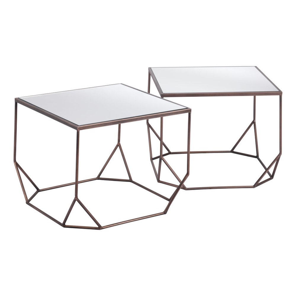 Set of Two Silver and Bronze Mirrored Glass and Steel Square Abstract Bunching Coffee Tables