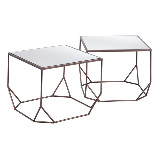 Set of Two Silver and Bronze Mirrored Glass and Steel Square Abstract Bunching Coffee Tables
