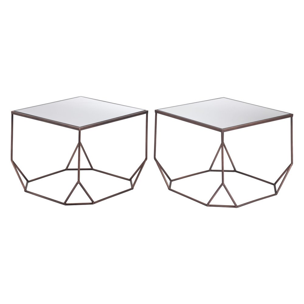Set of Two Silver and Bronze Mirrored Glass and Steel Square Abstract Bunching Coffee Tables