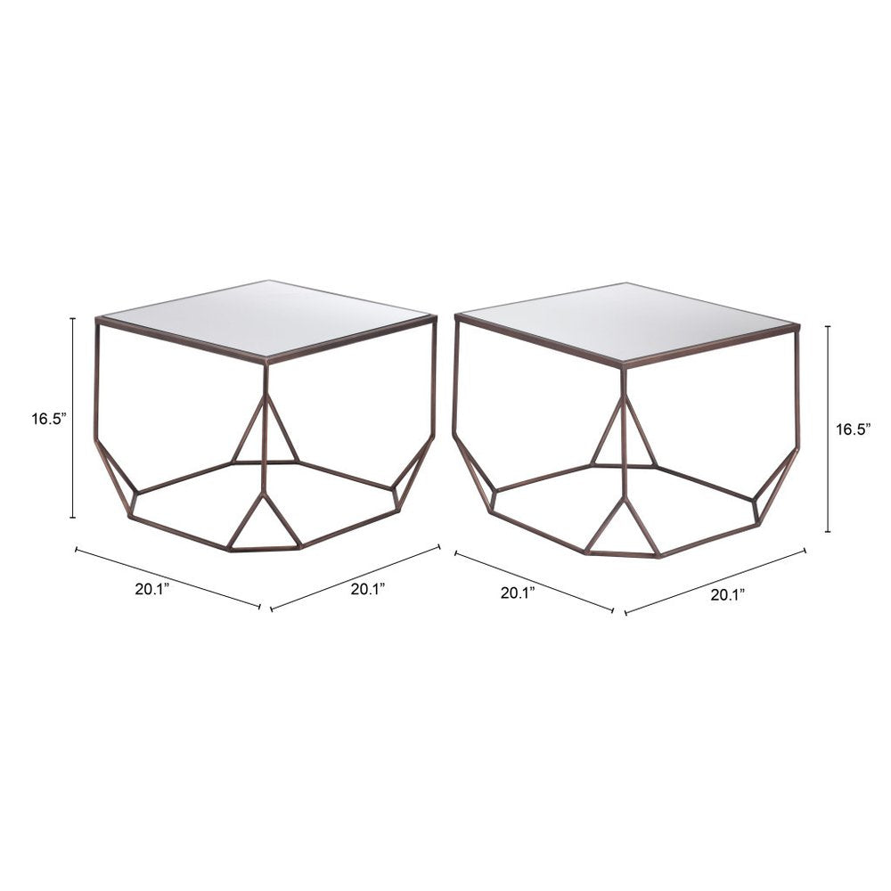 Set of Two Silver and Bronze Mirrored Glass and Steel Square Abstract Bunching Coffee Tables