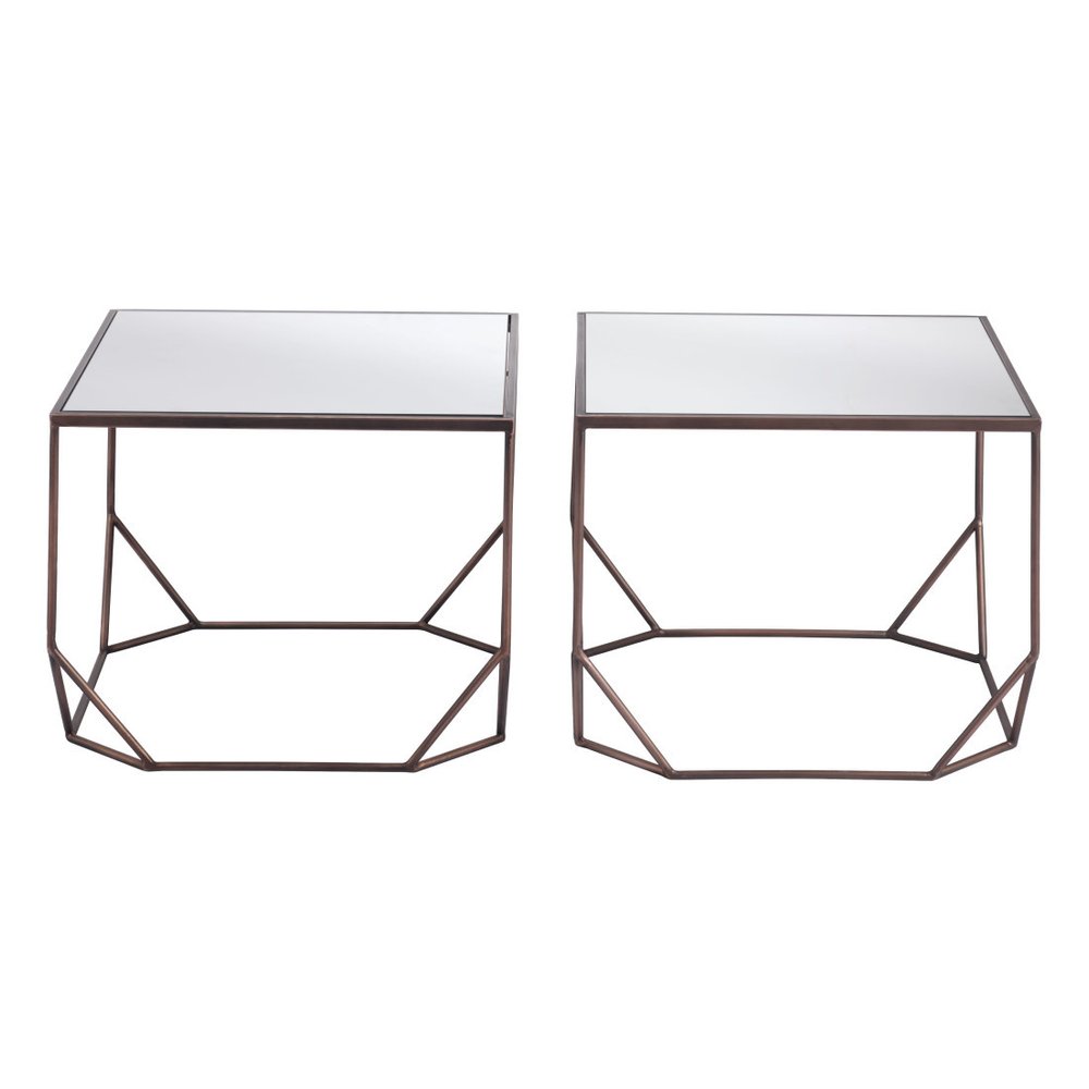 Set of Two Silver and Bronze Mirrored Glass and Steel Square Abstract Bunching Coffee Tables