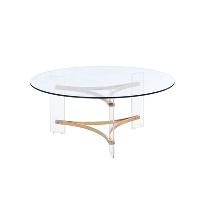41" Clear and Gold Glass Acrylic and Brass Round Coffee Table
