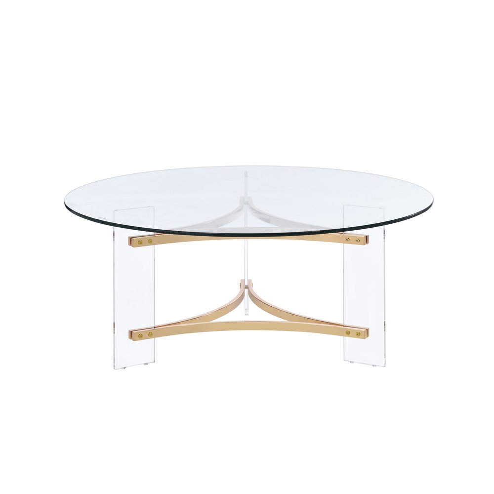 41" Clear and Gold Glass Acrylic and Brass Round Coffee Table
