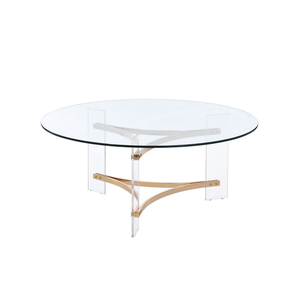 41" Clear and Gold Glass Acrylic and Brass Round Coffee Table