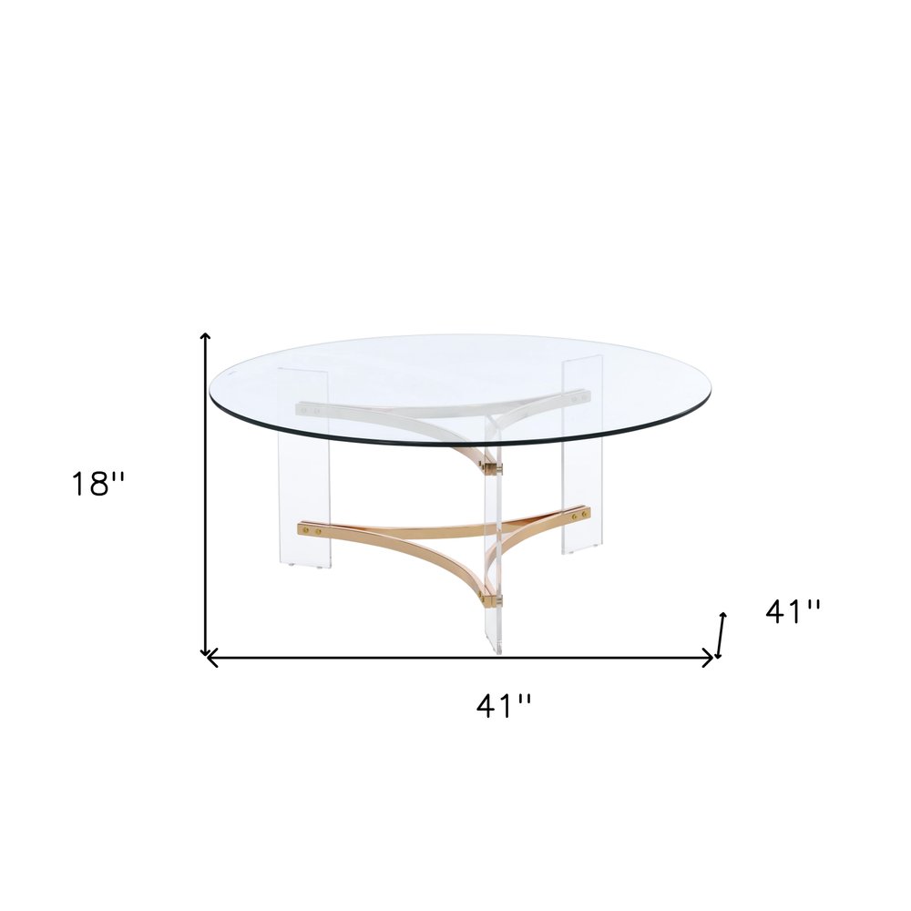 41" Clear and Gold Glass Acrylic and Brass Round Coffee Table