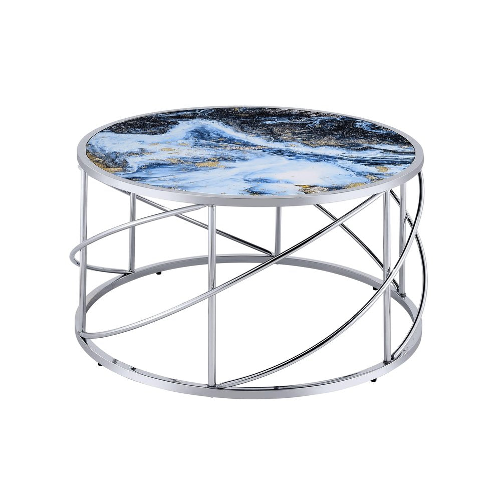 33" Blue and Silver Wood and Iron Faux Marble Geometric Frame Round Coffee Table