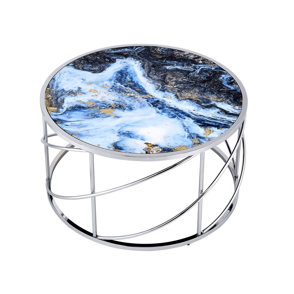 33" Blue and Silver Wood and Iron Faux Marble Geometric Frame Round Coffee Table