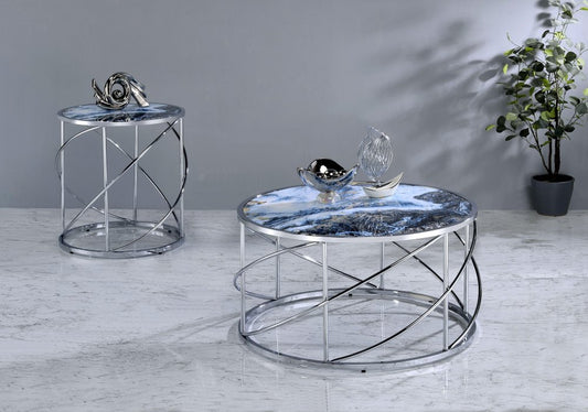 33" Blue and Silver Wood and Iron Faux Marble Geometric Frame Round Coffee Table