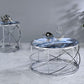 33" Blue and Silver Wood and Iron Faux Marble Geometric Frame Round Coffee Table