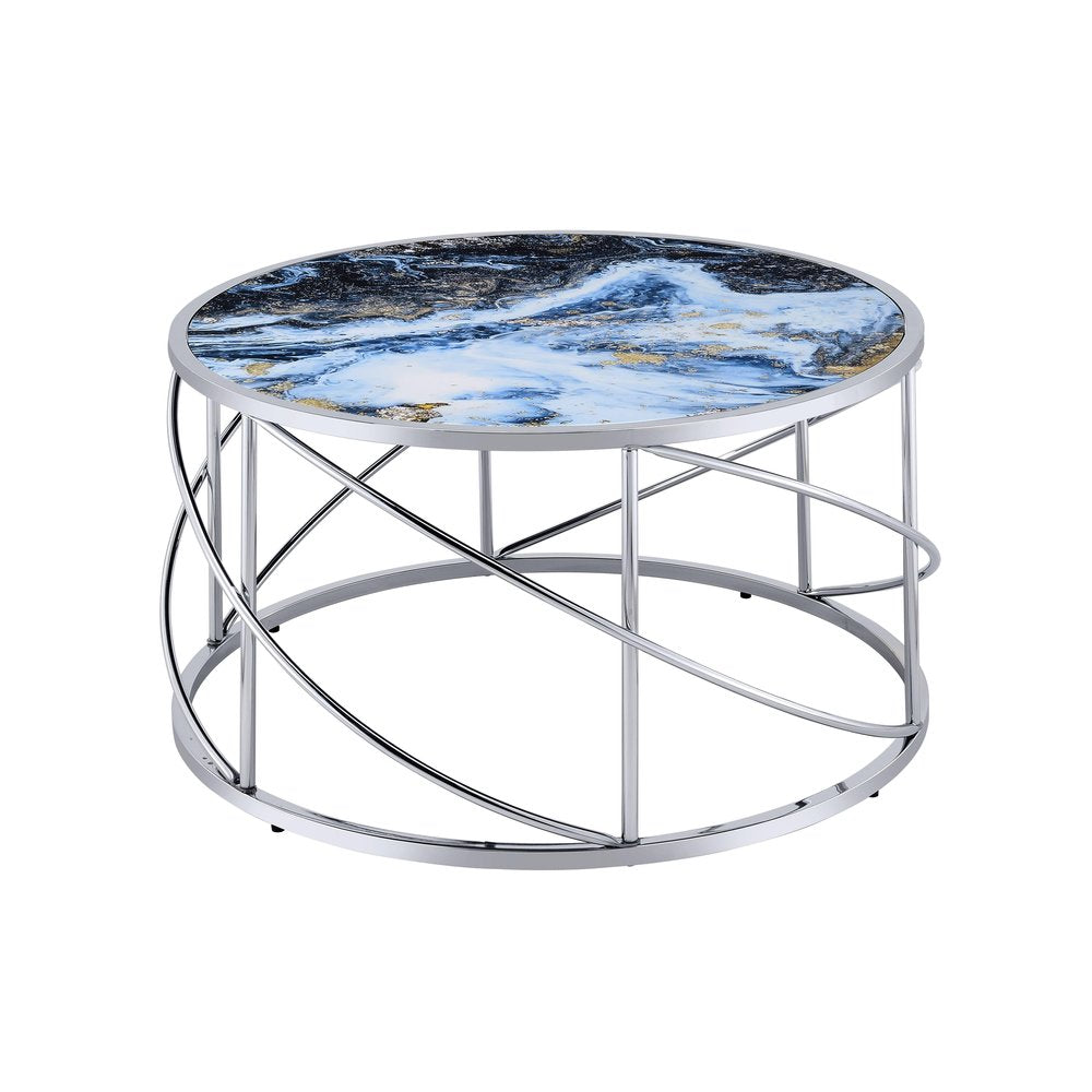 33" Blue and Silver Wood and Iron Faux Marble Geometric Frame Round Coffee Table