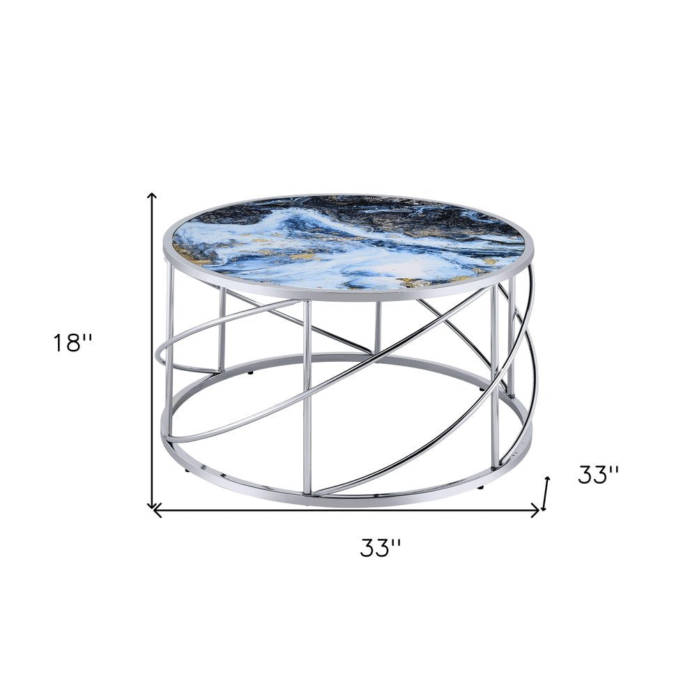 33" Blue and Silver Wood and Iron Faux Marble Geometric Frame Round Coffee Table