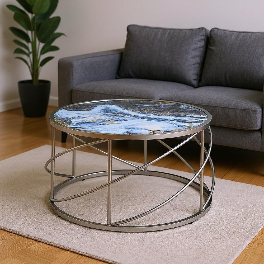 33" Blue and Silver Wood and Iron Faux Marble Geometric Frame Round Coffee Table