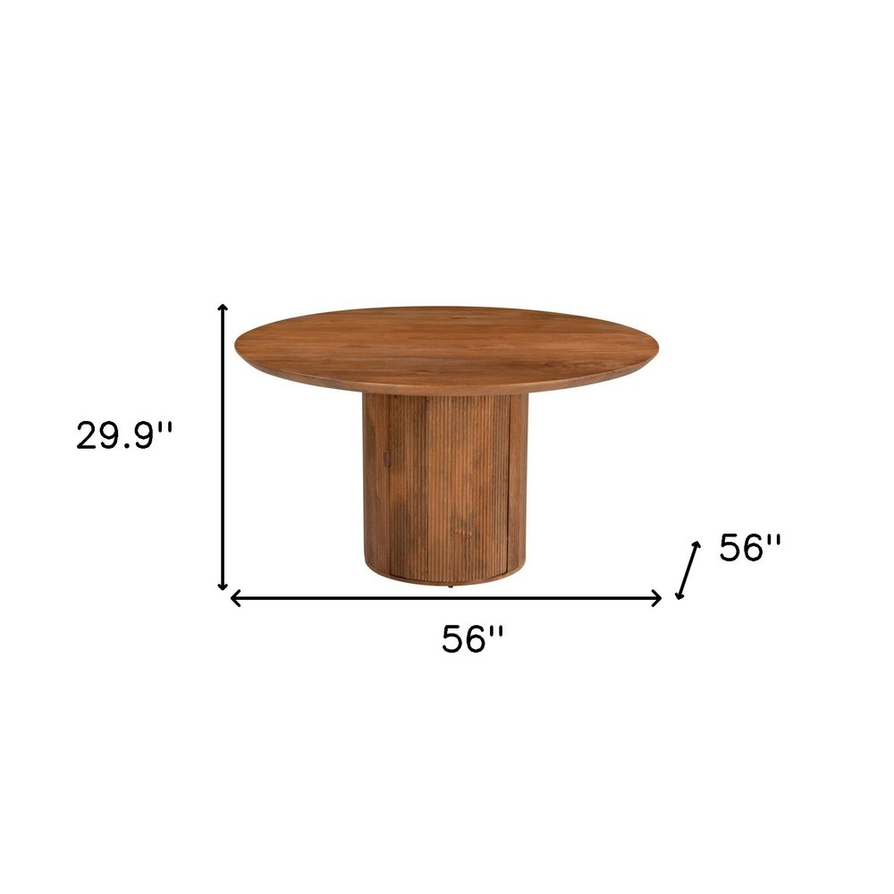 56" Brown Solid Wood Ribbed Texture Pedestal Base Round Dining Table
