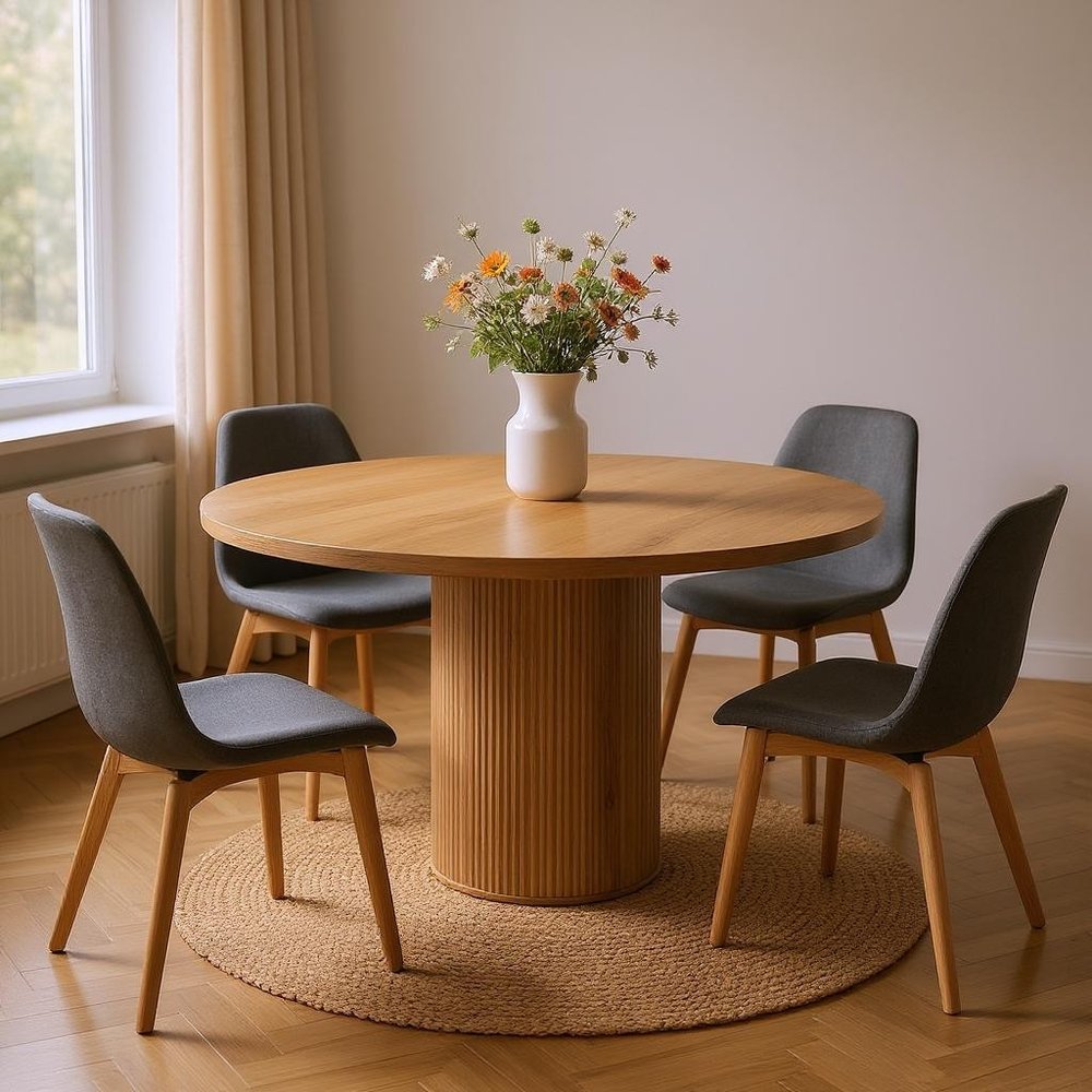 56" Brown Solid Wood Ribbed Texture Pedestal Base Round Dining Table