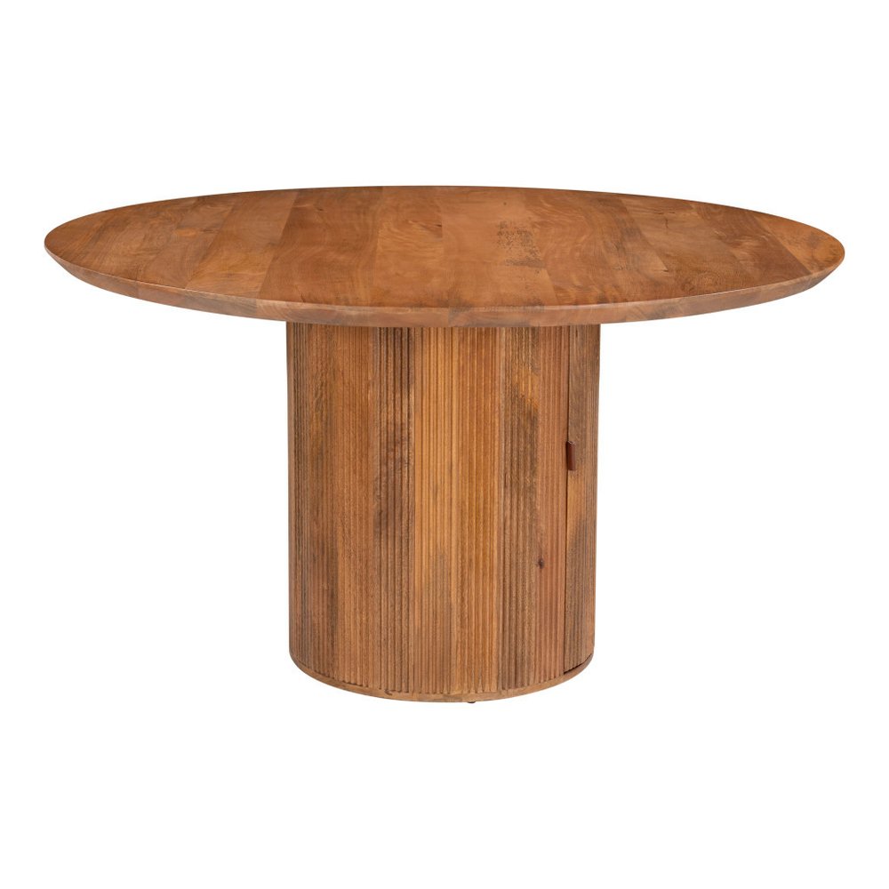 56" Brown Solid Wood Ribbed Texture Pedestal Base Round Dining Table