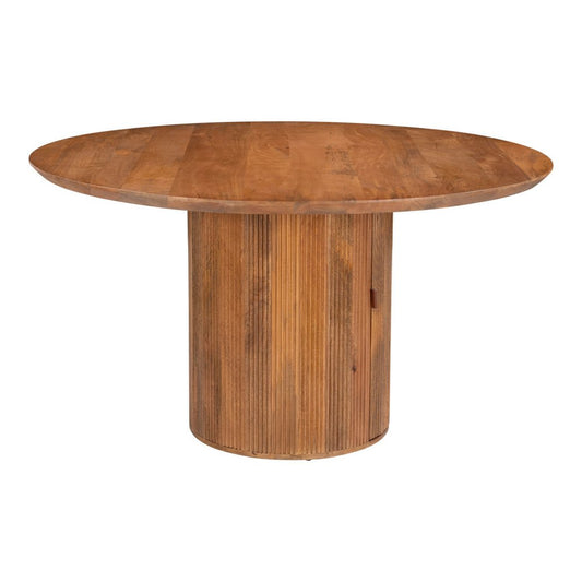 56" Brown Solid Wood Ribbed Texture Pedestal Base Round Dining Table