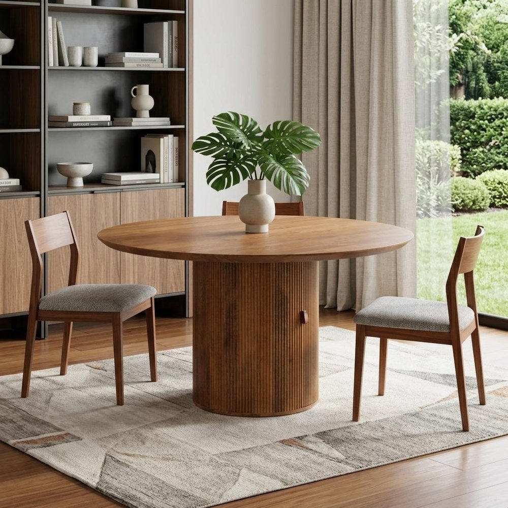 56" Brown Solid Wood Ribbed Texture Pedestal Base Round Dining Table