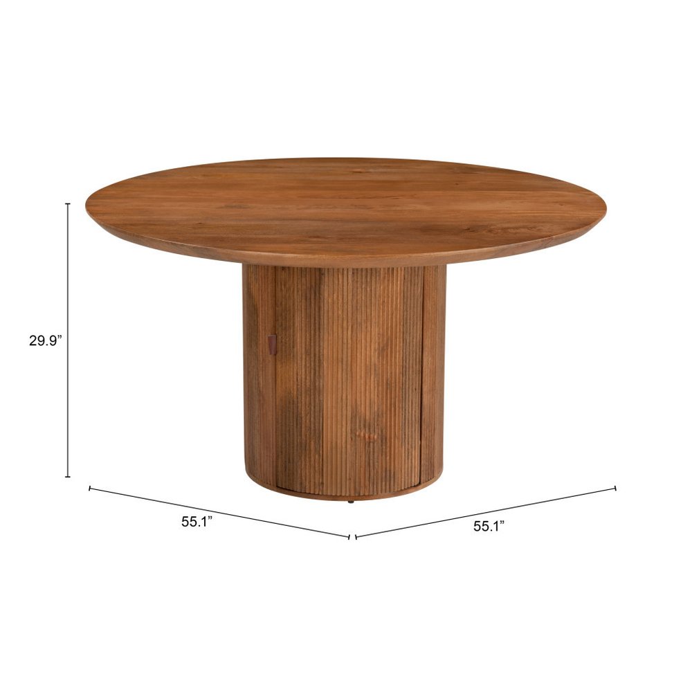 56" Brown Solid Wood Ribbed Texture Pedestal Base Round Dining Table