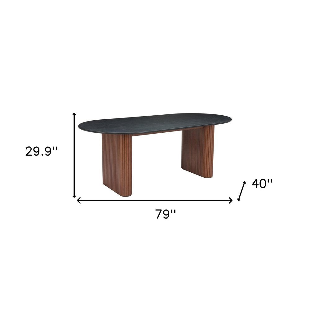 79" Black and Walnut Wood Double Pedestal Base Oval Dining Table