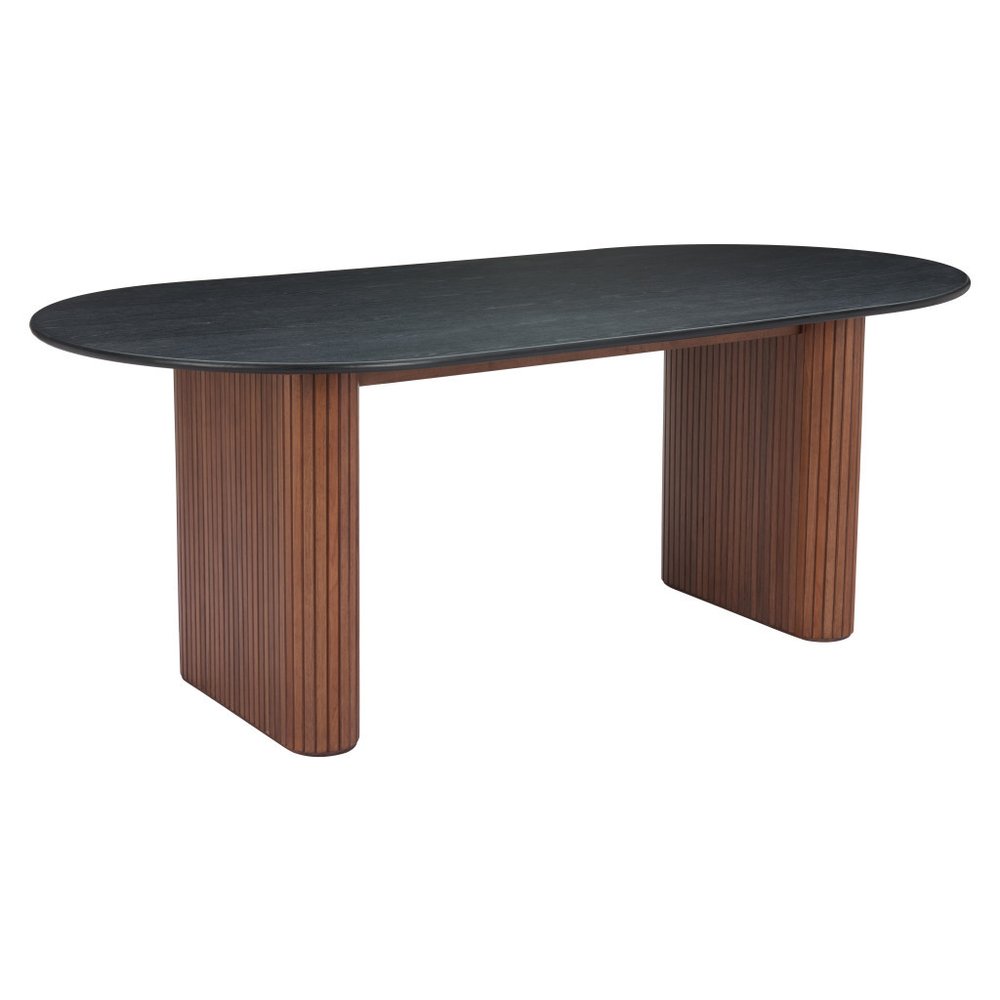 79" Black and Walnut Wood Double Pedestal Base Oval Dining Table