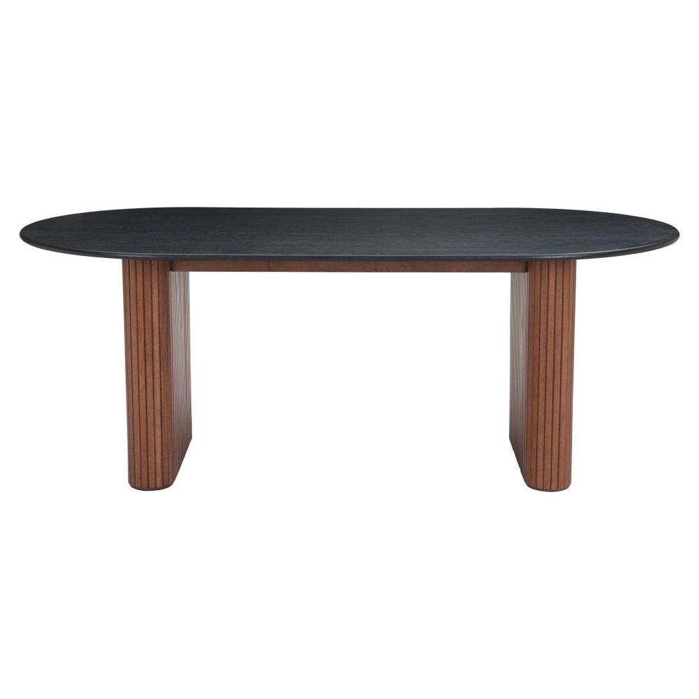 79" Black and Walnut Wood Double Pedestal Base Oval Dining Table