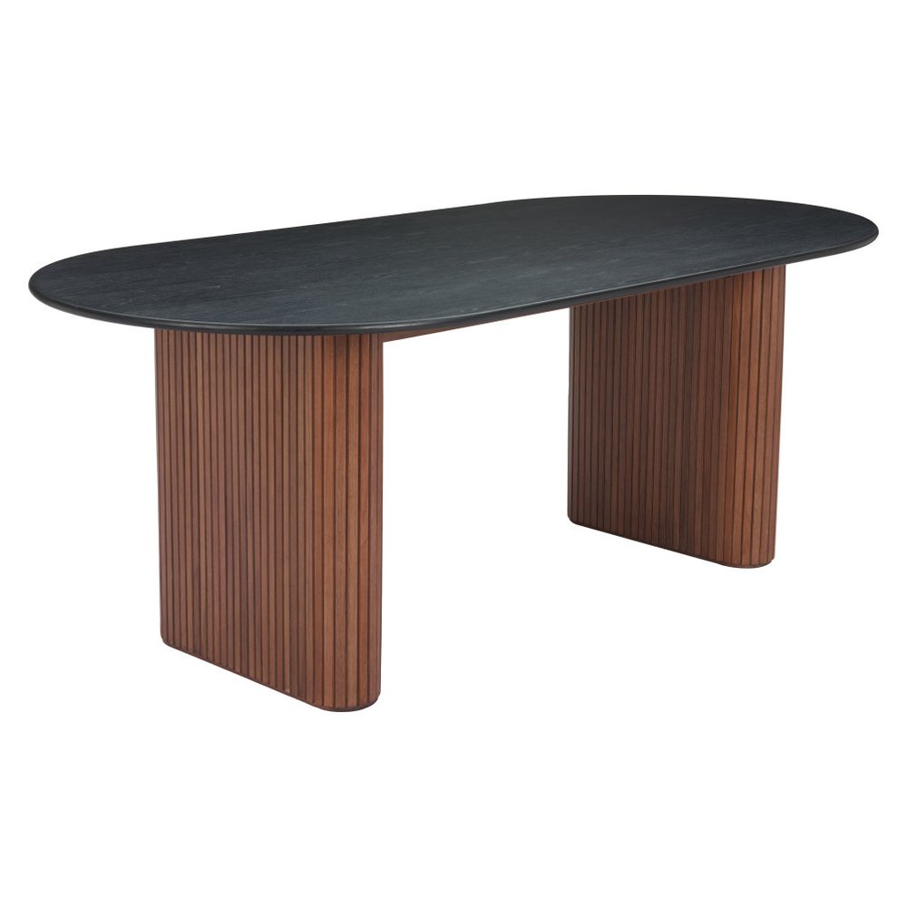 79" Black and Walnut Wood Double Pedestal Base Oval Dining Table