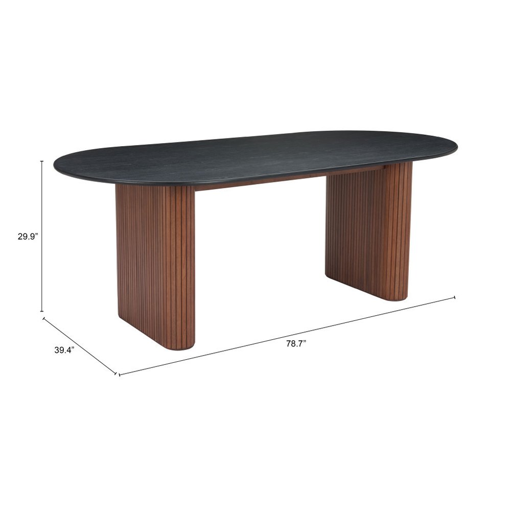 79" Black and Walnut Wood Double Pedestal Base Oval Dining Table