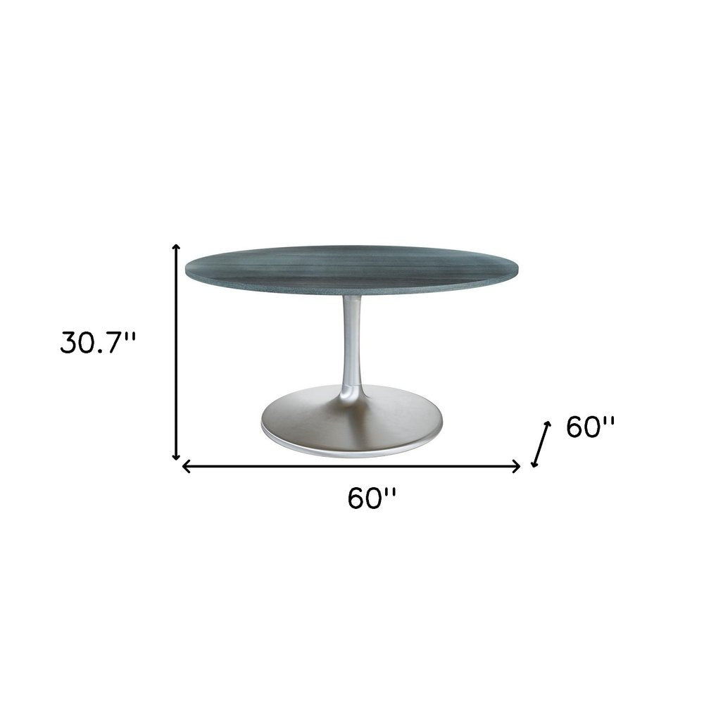 60" Gray and Silver Marble and Aluminum Pedestal Base Round Top Dining Table