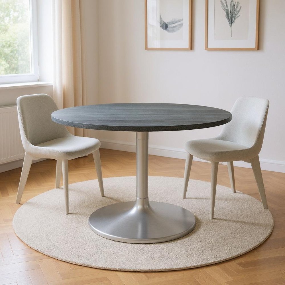 60" Gray and Silver Marble and Aluminum Pedestal Base Round Top Dining Table