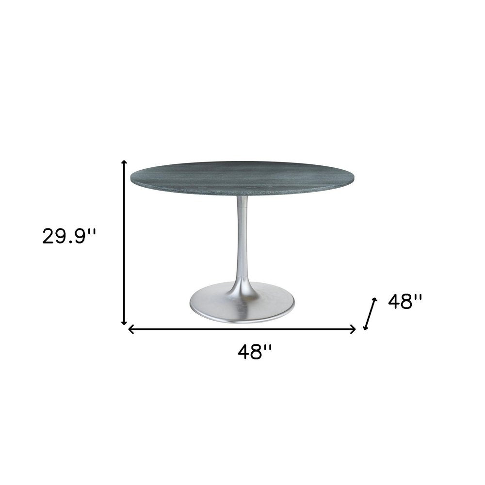 48" Gray and Silver Marble and Aluminum Pedestal Base Round Top Dining Table