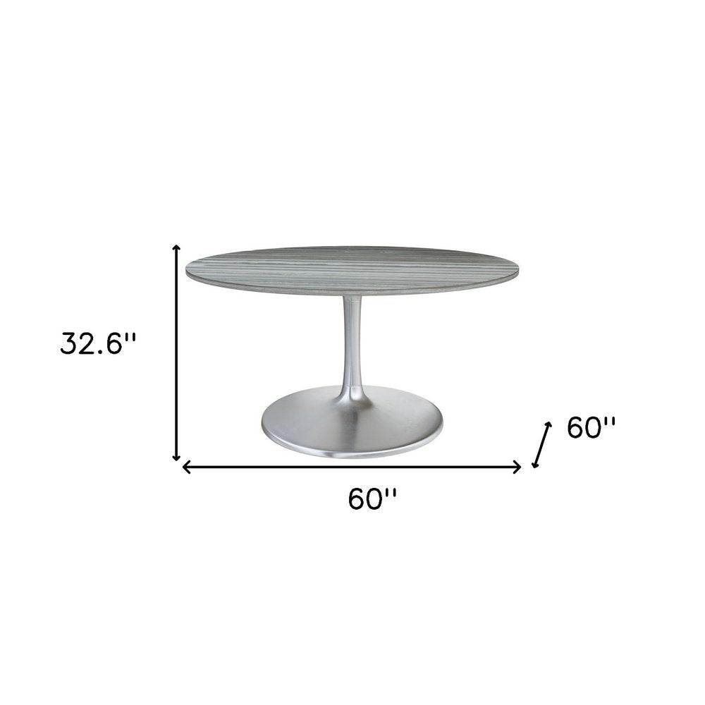 60" Gray and Silver Marble and Aluminum Pedestal Base Round Top Dining Table