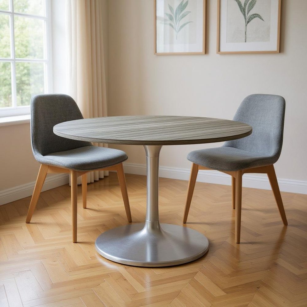 60" Gray and Silver Marble and Aluminum Pedestal Base Round Top Dining Table