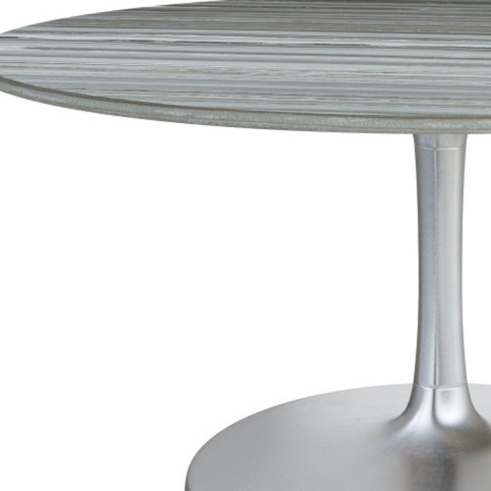 60" Gray and Silver Marble and Aluminum Pedestal Base Round Top Dining Table