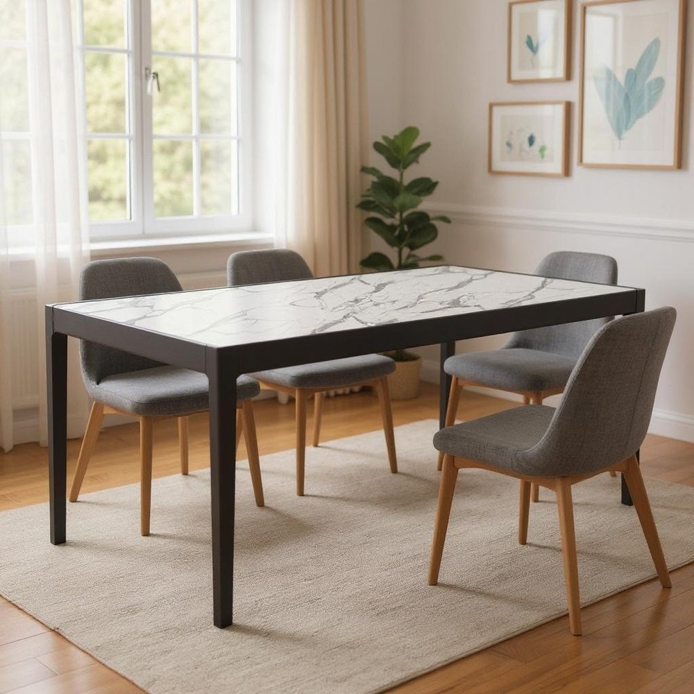 65" White and Black Faux Marble and Solid Wood Dining Table