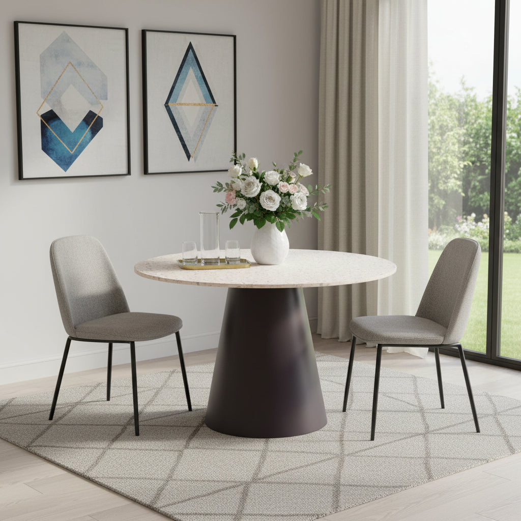 48" Beige and Black Wood and Steel Faux Terrazzo Round Top Dining Table
