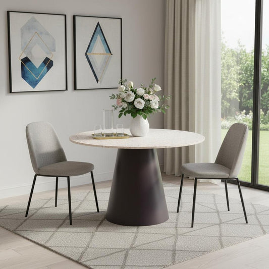 48" Beige and Black Wood and Steel Faux Terrazzo Round Top Dining Table