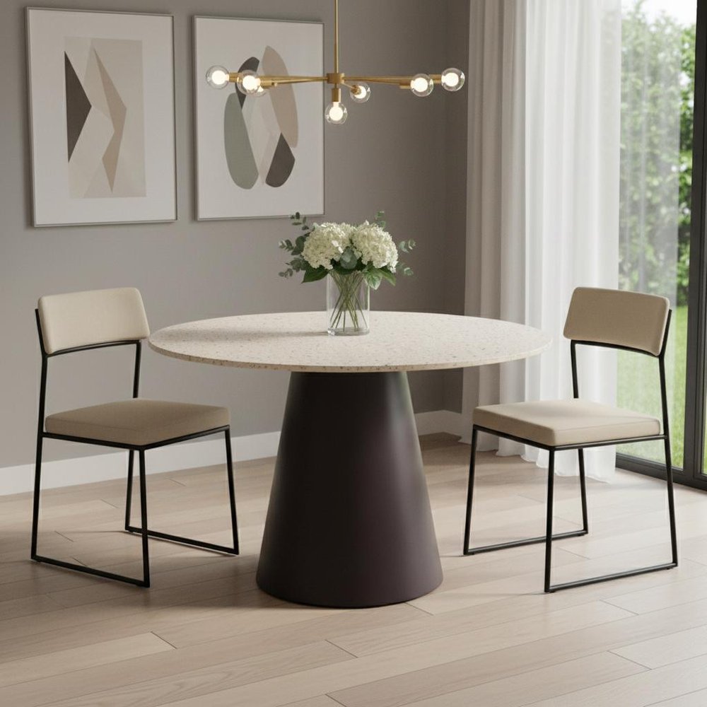 48" Beige Steel Pedestal Base Round Top Dining Table