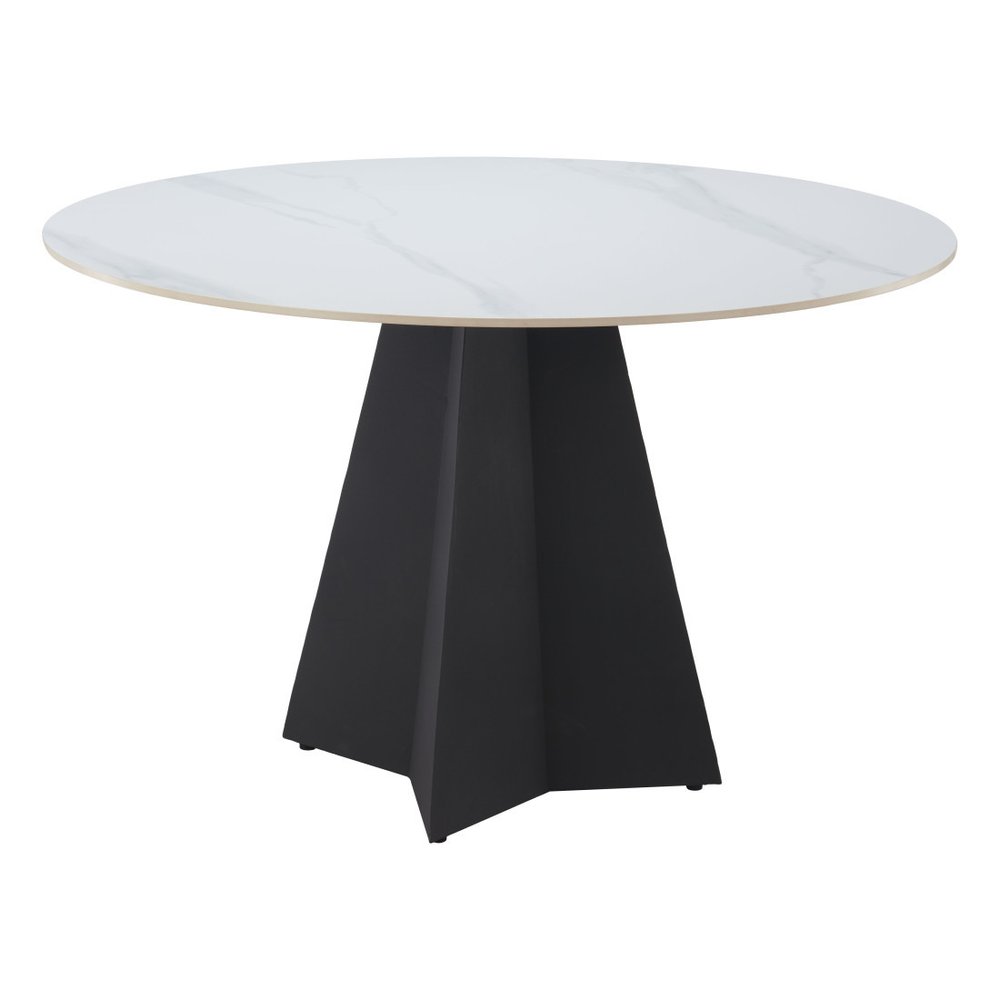 48" White and Black Sintered Stone and Steel Pedestal Base Round Dining Table