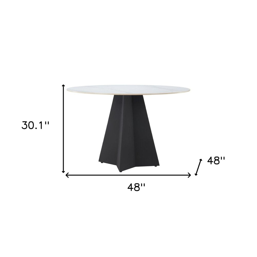 48" White and Black Sintered Stone and Steel Pedestal Base Round Dining Table