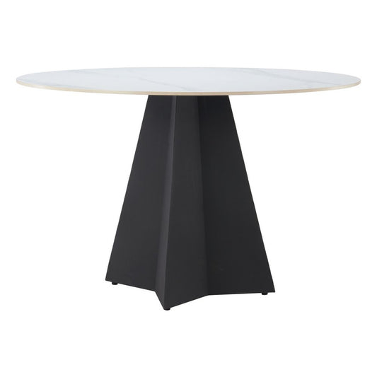48" White and Black Sintered Stone and Steel Pedestal Base Round Dining Table