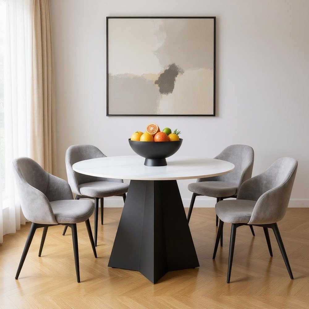 48" White and Black Sintered Stone and Steel Pedestal Base Round Dining Table