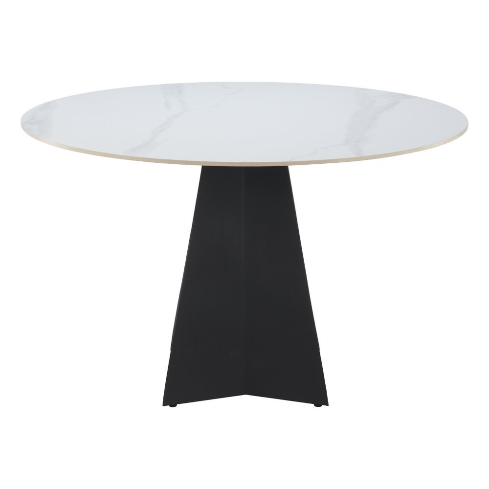 48" White and Black Sintered Stone and Steel Pedestal Base Round Dining Table