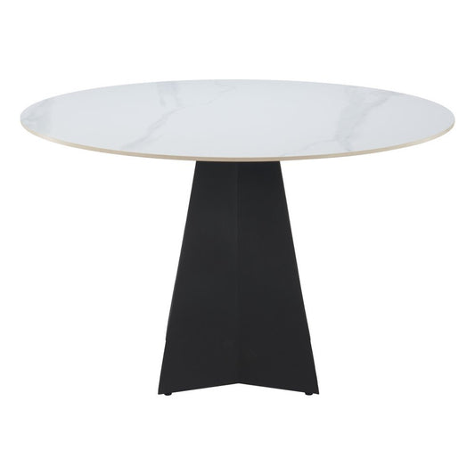 48" White and Black Sintered Stone and Steel Pedestal Base Round Dining Table