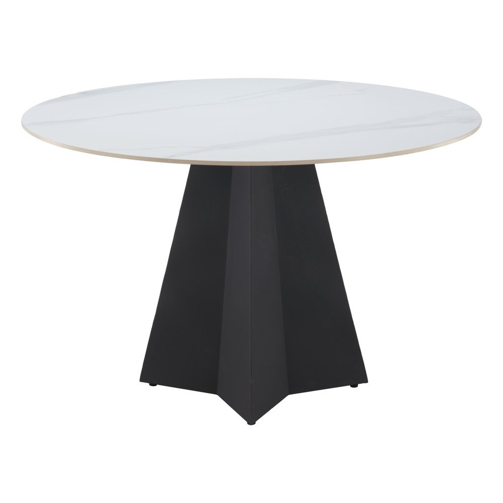 48" White and Black Sintered Stone and Steel Pedestal Base Round Dining Table