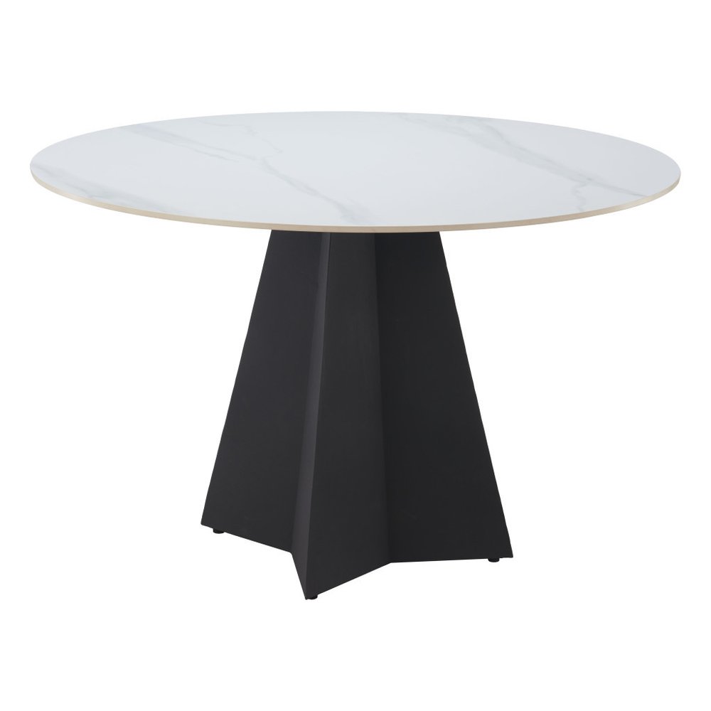 48" White and Black Sintered Stone and Steel Pedestal Base Round Dining Table
