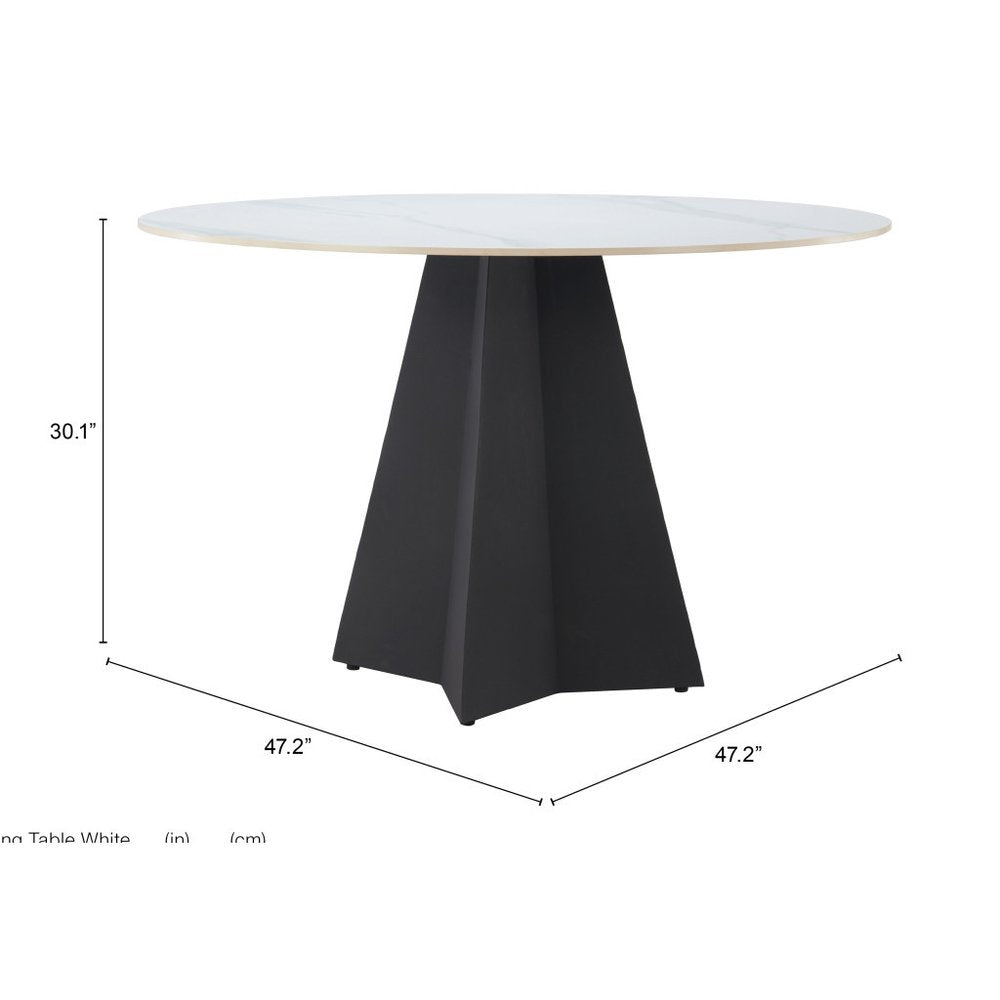 48" White and Black Sintered Stone and Steel Pedestal Base Round Dining Table