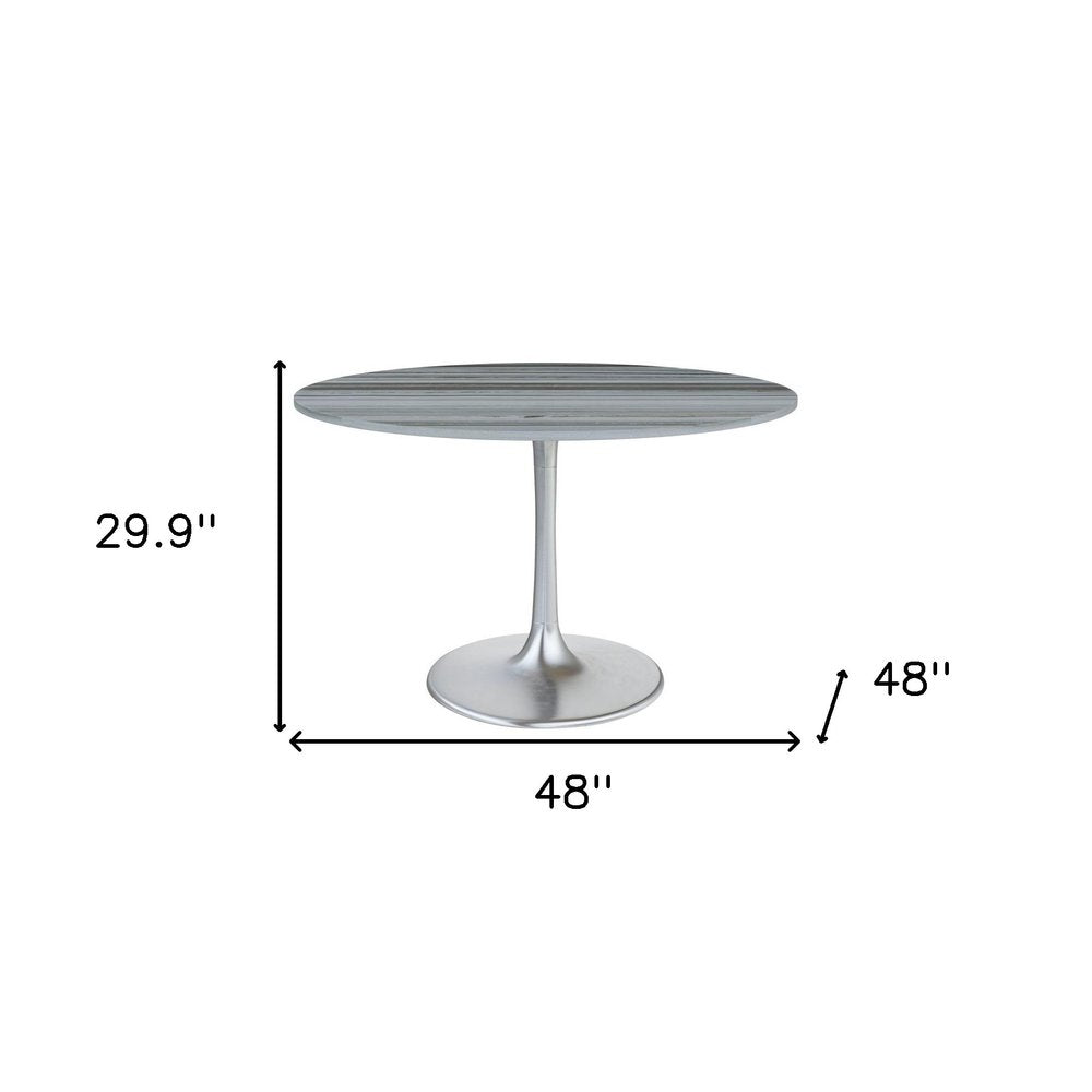 48" Gray and Silver Marble and Aluminum Pedestal Base Round Top Dining Table