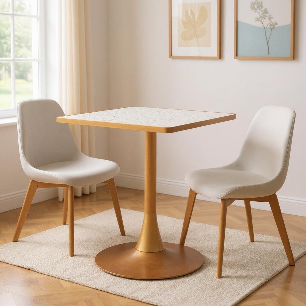 24" Beige and Gold Wood and Steel Pedestal Base Square Dining Table