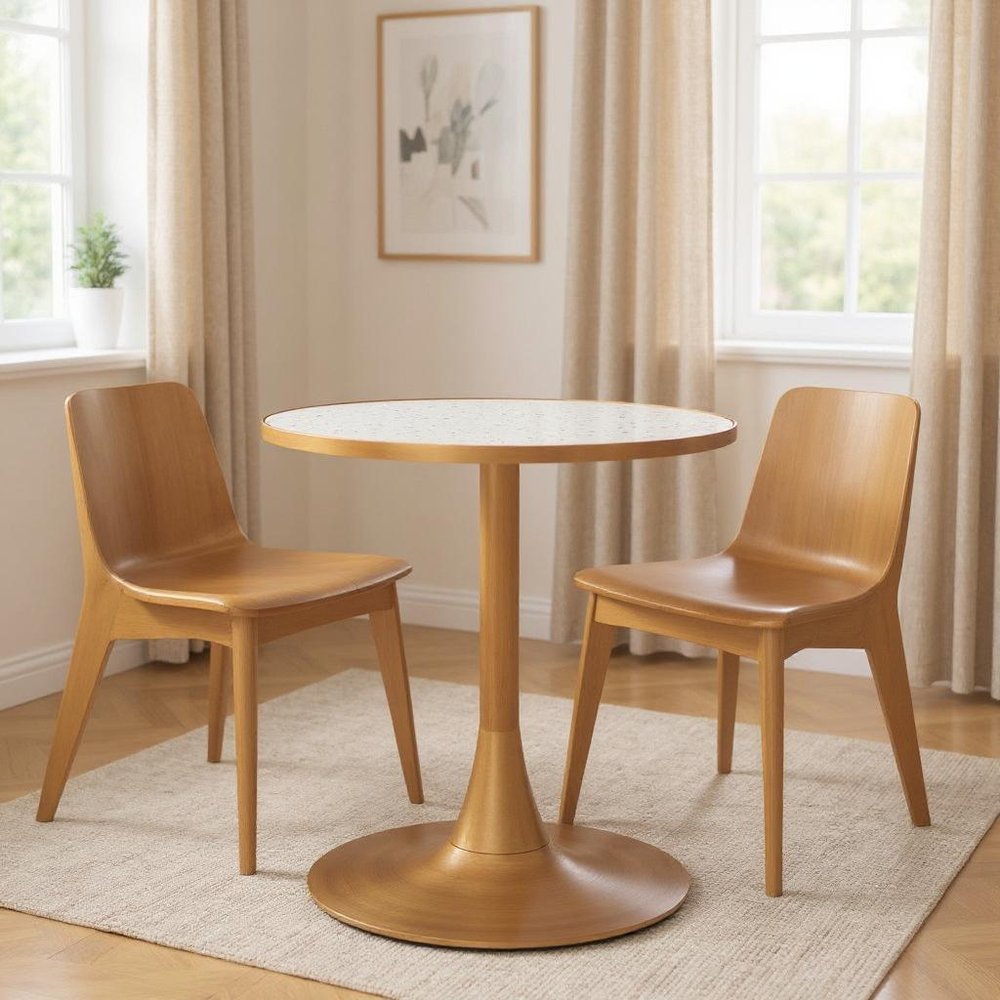 24" Beige and Gold Wood and Steel Pedestal Base Round Top Dining Table