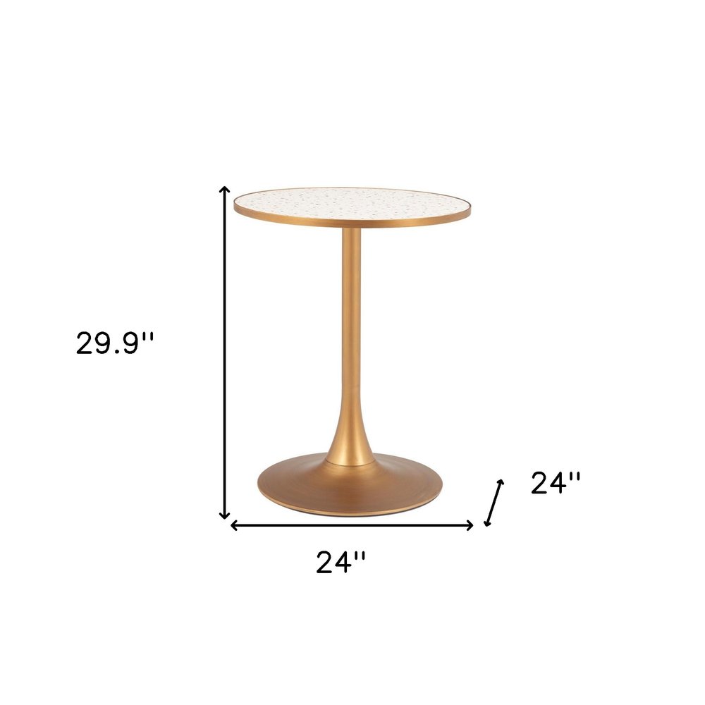 24" Beige and Gold Wood and Steel Pedestal Base Round Top Dining Table